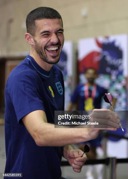 Conor Coady of England plays darts ahead of the England Press Conference at Al Wakrah Stadium on November 17, 2022 in Doha, Qatar.