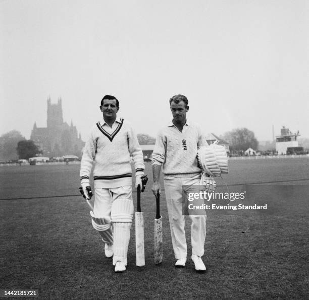 Tom Graveney and Dick Richardson of Worcestershire County Cricket Club at New Road cricket ground in Worcester on the day of a match against the...