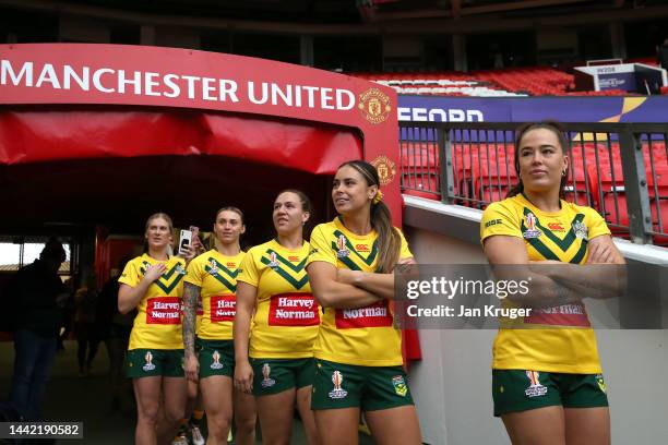 Australia players arrive ahead of the Australia Captain's Run ahead of the Women's Rugby League World Cup Final against New Zealand at Old Trafford...