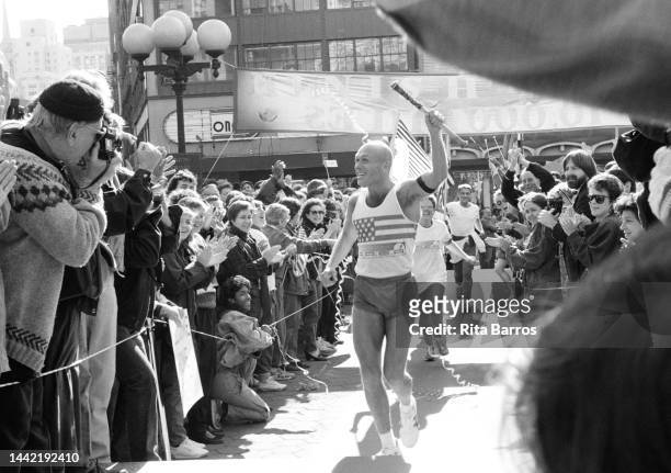 American AIDS activist Brent Nicholson Earle is greeted by supporters at the end of his American Run for the End of AIDS , in Union Square, New York,...