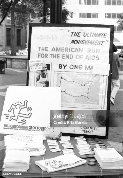 Close-up of a table with information pamphlets about Brent Nicholson Earle's American Run for the End of AIDS , in Union Square, New York, New York,...