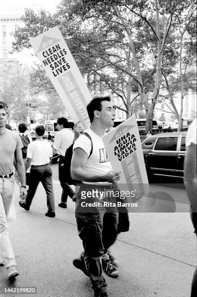 View of demonstrators, several with signs, during a Clean Needles for AIDS Prevention march , organized by the group ACT UP , in Foley Square, New...
