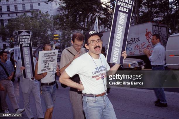 View of demonstrators, many with signs, during a Clean Needles for AIDS Prevention march , organized by the group ACT UP , in Foley Square, New York,...
