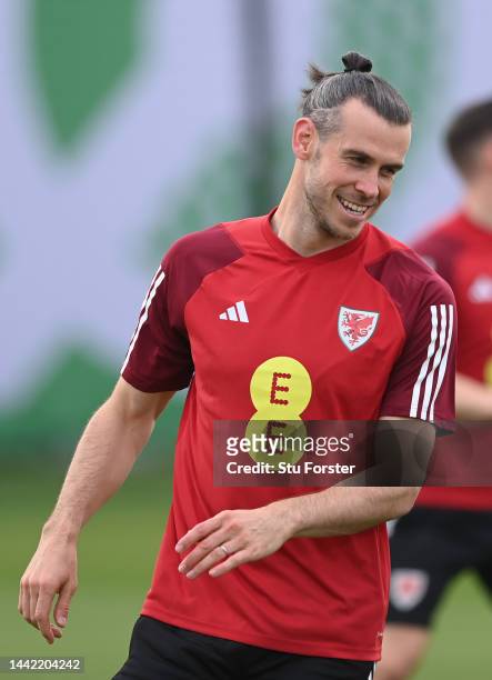 Wales captain Gareth Bale reacts during the Wales Training Session at Al Sad Sports Club on November 17, 2022 in Doha, Qatar.