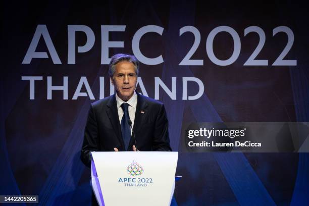United States Secretary of State, Antony Blinken, speaks with media at a press conference during APEC at the Queen Sirikit National Convention Center...