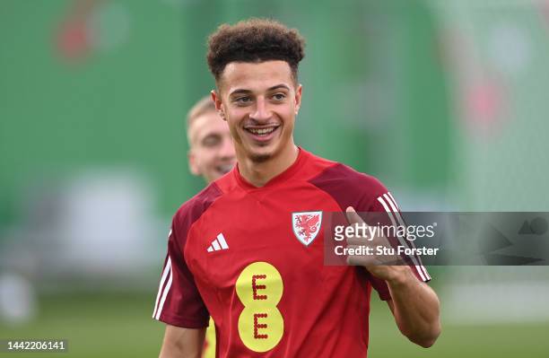 Wales player Ethan Ampadu smiles during the Wales Training Session at Al Sad Sports Club on November 17, 2022 in Doha, Qatar.