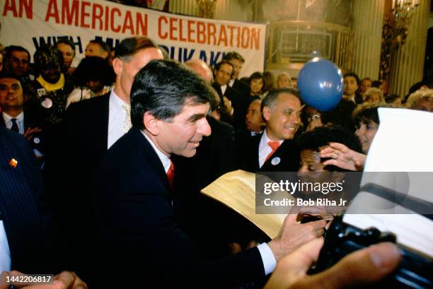 Democratic Presidential Candidate Michael Dukakis and family at the Biltmore Hotel, June 8, 1988 in Los Angeles, California.