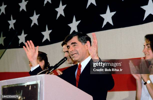 Democratic Presidential Candidate Michael Dukakis and family at the Biltmore Hotel, June 8, 1988 in Los Angeles, California.