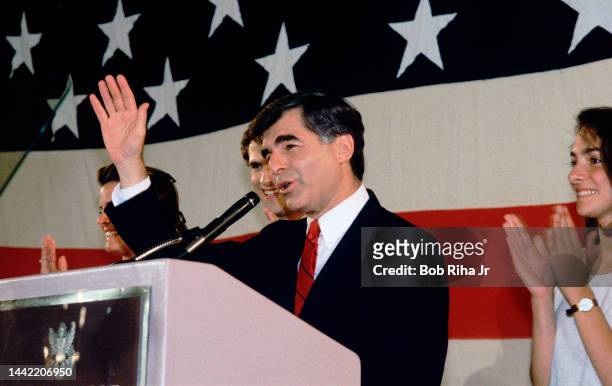 Democratic Presidential Candidate Michael Dukakis and family at the Biltmore Hotel, June 8, 1988 in Los Angeles, California.