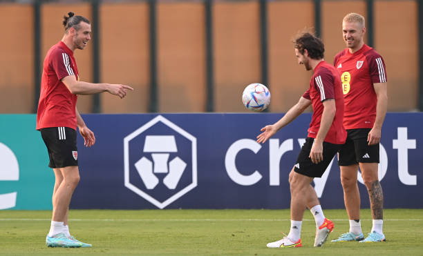 Wales captain Gareth Bale with Aaron Ramsey and Joe Allen during the Wales Training Session at Al Sad Sports Club on November 17, 2022 in Doha, Qatar.