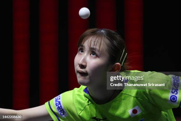 Hayata Hina of Japan serves against Zeng Jian of Singapore during day one of the ITTF-ATTU Asian Cup at Huamark Indoor Stadium on November 17, 2022...