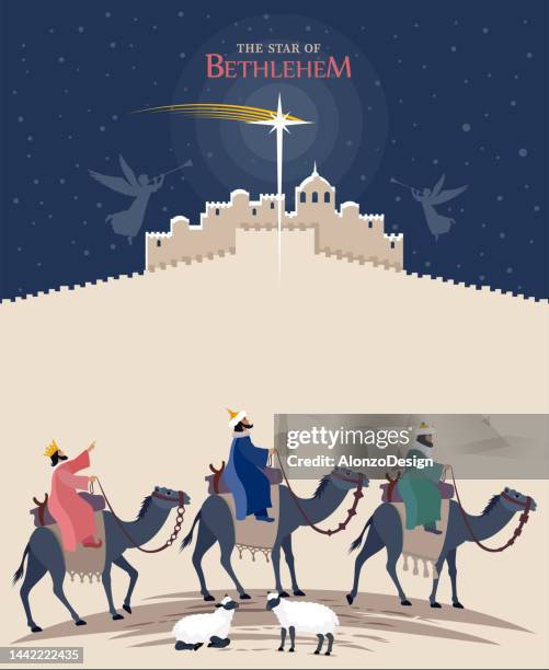 the birth of christ. holy night. nativity scene poster. three wise men. christmas star. - herder stock illustrations