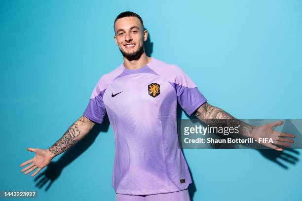 Justin Bijlow of Netherlands poses during the official FIFA World Cup Qatar 2022 portrait session at on November 16, 2022 in Doha, Qatar.