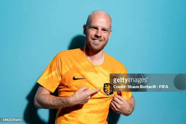 Davy Klaassen of Netherlands poses during the official FIFA World Cup Qatar 2022 portrait session at on November 16, 2022 in Doha, Qatar.