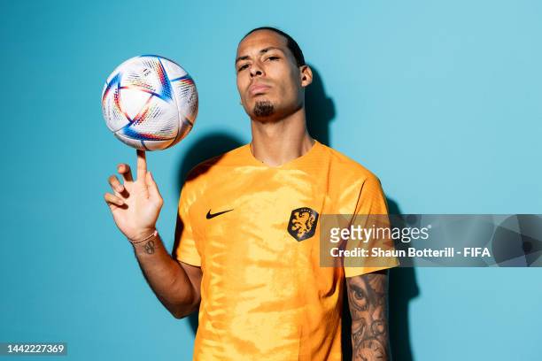 Virgil Van Dijk of Netherlands poses during the official FIFA World Cup Qatar 2022 portrait session at on November 16, 2022 in Doha, Qatar.