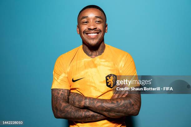 Steven Bergwijn of Netherlands poses during the official FIFA World Cup Qatar 2022 portrait session at on November 16, 2022 in Doha, Qatar.