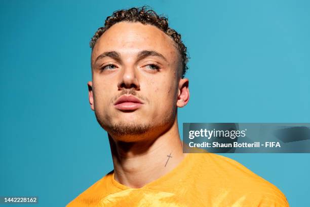 Noa Lang of Netherlands poses during the official FIFA World Cup Qatar 2022 portrait session at on November 16, 2022 in Doha, Qatar.