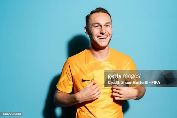 Teun Koopmeiners of Netherlands poses during the official FIFA World Cup Qatar 2022 portrait session at on November 16, 2022 in Doha, Qatar.