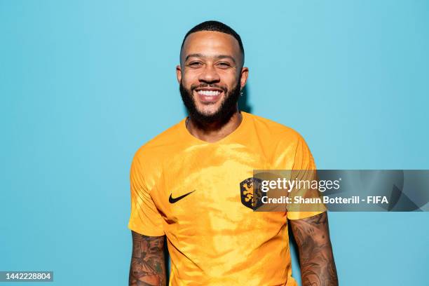 Memphis Depay of Netherlands poses during the official FIFA World Cup Qatar 2022 portrait session at on November 16, 2022 in Doha, Qatar.