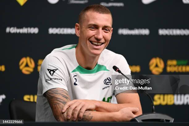 Mitchell Duke of Australia speaks during a press conference ahead of the FIFA World Cup Qatar 2022 on November 17, 2022 in Doha, Qatar.