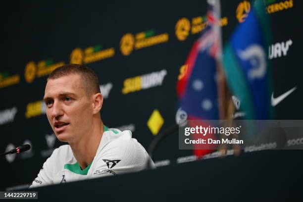 Mitchell Duke of Australia speaks during a press conference ahead of the FIFA World Cup Qatar 2022 on November 17, 2022 in Doha, Qatar.