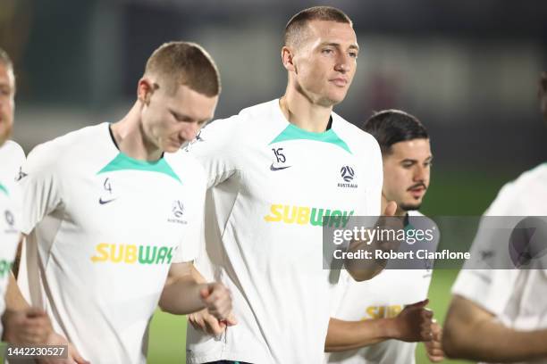 Mitchell Duke of Australia is seen during the Australia training session at the Aspire Training Ground on November 17, 2022 in Doha, Qatar.