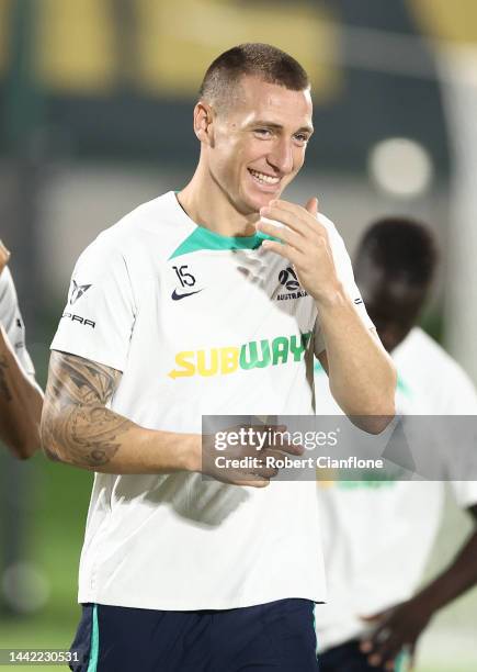 Mitchell Duke of Australia is seen during the Australia training session at the Aspire Training Ground on November 17, 2022 in Doha, Qatar.