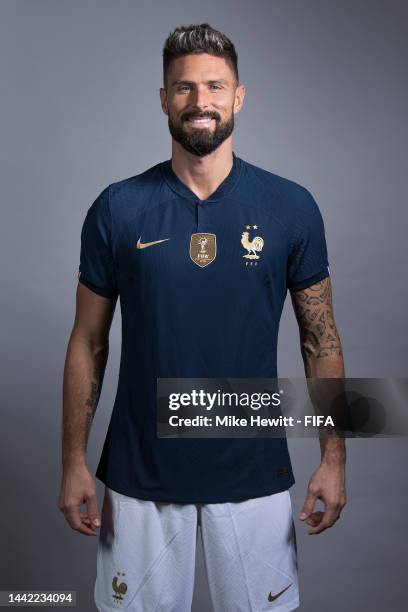 Olivier Giroud of France poses during the official FIFA World Cup Qatar 2022 portrait session on November 17, 2022 in Doha, Qatar.