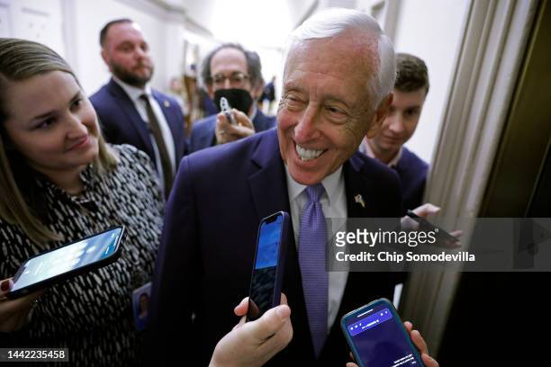 House Majority Leader Steny Hoyer is pursued by reporters as he leaves a Democratic whip meeting at the U.S. Capitol on November 17, 2022 in...