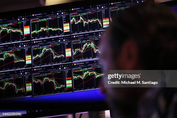 Traders work on the floor of the New York Stock Exchange during morning trading on November 17, 2022 in New York City. Stocks are expected to fall as...