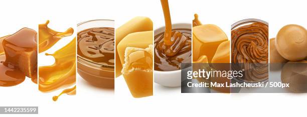 caramel collage,set of toffee sweets and caramelized sauce splashes - syrup splash stock pictures, royalty-free photos & images
