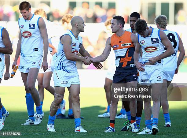 Tom Scully of the Giants shakes hands with Gary Ablett of the Suns after the round seven AFL match between the Greater Western Sydney Giants and the...