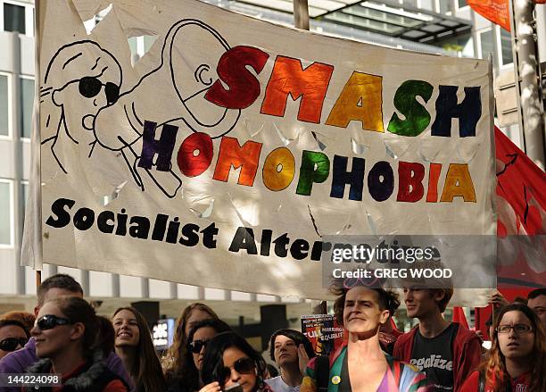 Participants in a pro-marriage equality rally wait to march through the streets of Sydney on May 12, 2012. Australian Attorney-General Nicola Roxon...