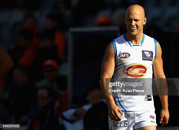 Gary Ablett of the Suns leaves the ground during the round seven AFL match between the Greater Western Sydney Giants and the Gold Coast Suns at...