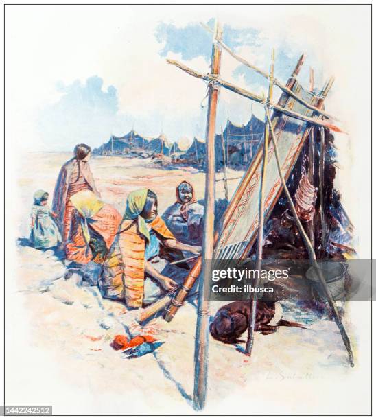 stockillustraties, clipart, cartoons en iconen met antique image: patagonia, kakatoupoul, rio negro - native americans 1800s