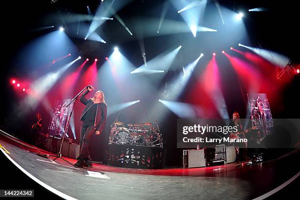 Juan Calleros, Fher Olvera, Alex Gonzalez and Sergio Vallan of Mana perform at AmericanAirlines Arena on May 11, 2012 in Miami, Florida.