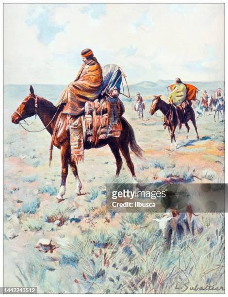 stockillustraties, clipart, cartoons en iconen met antique image: patagonia, tehuelche people, pampa choiquenilahue - native americans 1800s