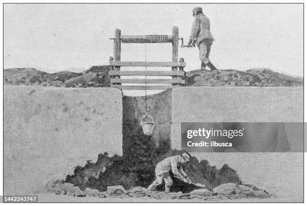 antique image: klondike gold rush, digging well procedure - soil cross section stock illustrations