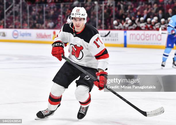 Yegor Sharangovich of the New Jersey Devils skates against the Montreal Canadiens during the third period at Centre Bell on November 15, 2022 in...