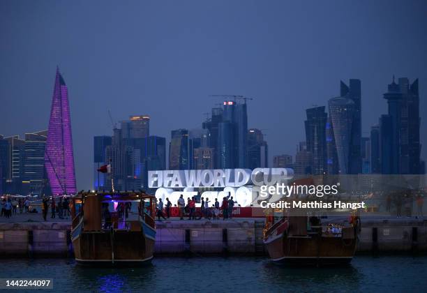 Dhow sailing boats seen at the Corniche Waterfront Promenade with the The West Bay skyline in the back ahead of the FIFA World Cup Qatar 2022 on...
