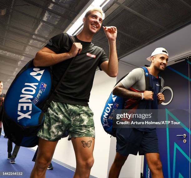 Thanasi Kokkinakis and Nick Kyrgios wait to be announced for match during day two of the Nitto ATP Finals at Pala Alpitour on November 14, 2022 in...