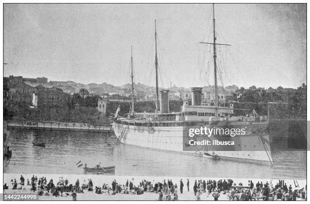 antique image: visit of emperor wilhelm ii in holy land, "hohenzollern" arrival in beirut - beirut people stock illustrations