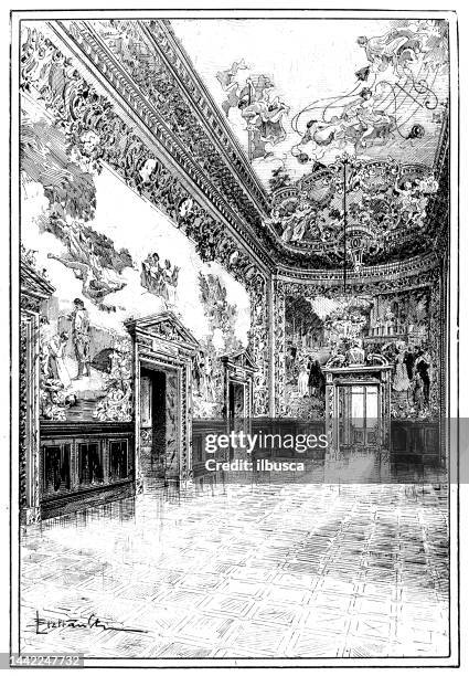antique image: théâtre national de l'opéra-comique, paris, foyer - hotel hallway stock illustrations