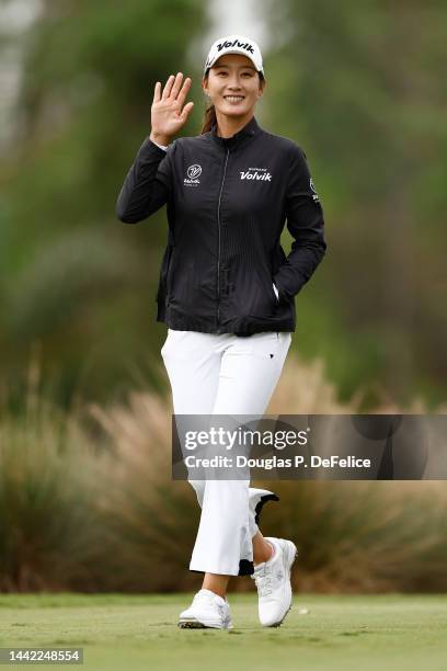 Chella Choi of Korea waves as she walks off the second tee box during the first round of the CME Group Tour Championship at Tiburon Golf Club on...