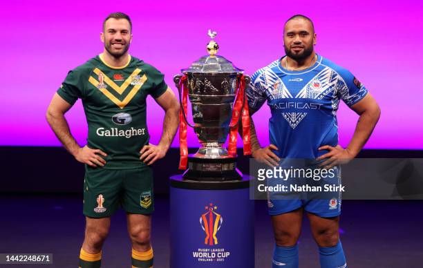 James Tedesco of Australia and Junior Paulo of Samoa poses for a photograph during the Rugby League World Cup Final Press Conference ahead of the...