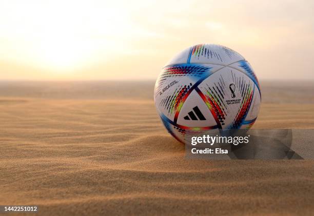 The official FIFA World Cup Qatar 2022 ball 'adidas Al Rihla' is seen posed in the desert ahead of the FIFA World Cup Qatar 2022 at on November 17,...