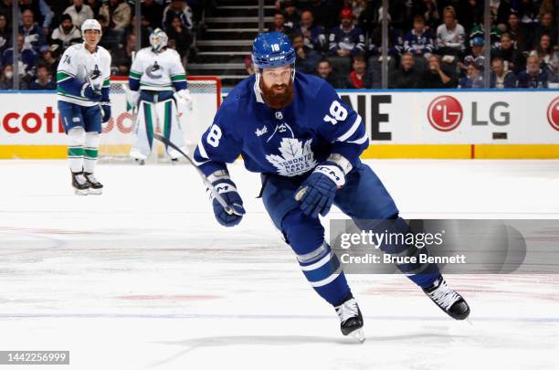 Jordie Benn of the Toronto Maple Leafs skates against the Vancouver Canucks at the Scotiabank Arena on November 12, 2022 in Toronto, Ontario, Canada.