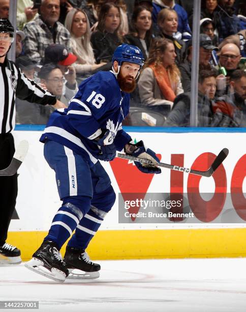 Jordie Benn of the Toronto Maple Leafs skates against the Vancouver Canucks at the Scotiabank Arena on November 12, 2022 in Toronto, Ontario, Canada.