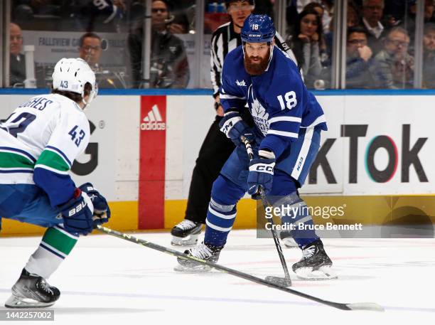 Jordie Benn of the Toronto Maple Leafs skates against the Vancouver Canucks at the Scotiabank Arena on November 12, 2022 in Toronto, Ontario, Canada.