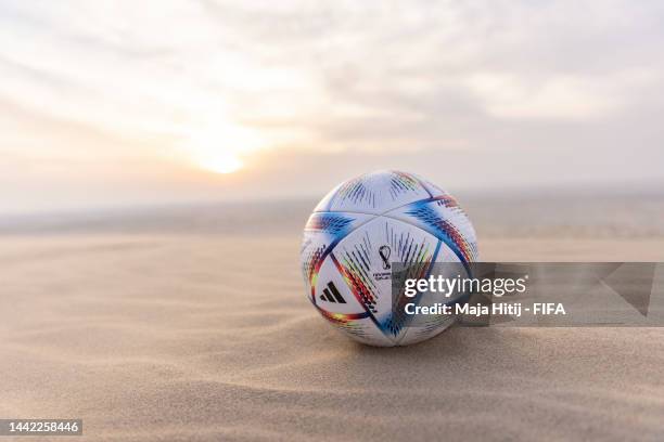 In this photo illustration the official FIFA World Cup Qatar 2022 Ball "adidas Al Rihla" set in the desert ahead of the FIFA World Cup Qatar 2022 at...